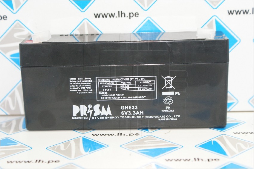 GH633            Batería Recargable Prism GH 633, 6V 3.3Ah sealed rechargeable battery. Prism sealed lead acid batteries are marketed by CSB Battery