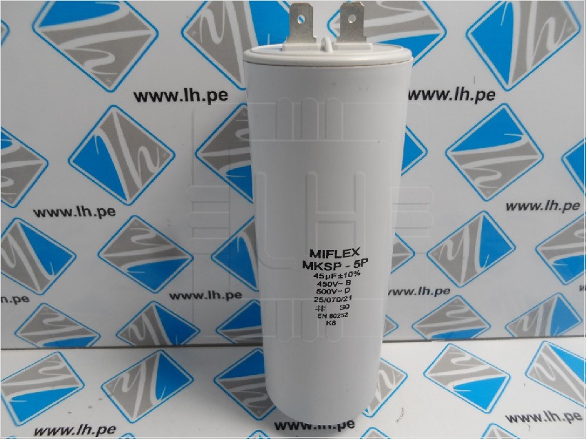 I150V645K-B1 MKSP-5P            Condensador para motor de trabajo 45uF, 450V, Marca Miflex