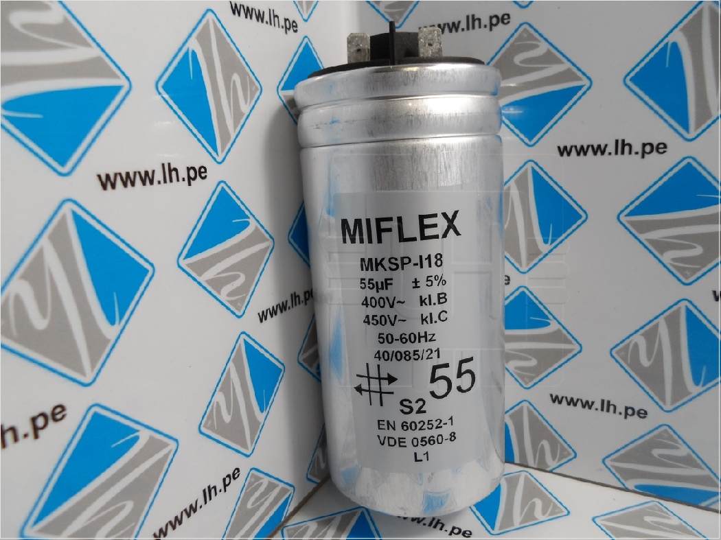 MKSP-I18 I18UV655I-A1         Condensador metalizado para motores, de trabajo, 55uF, 450VAC, Ø60x125mm, -40÷85°C