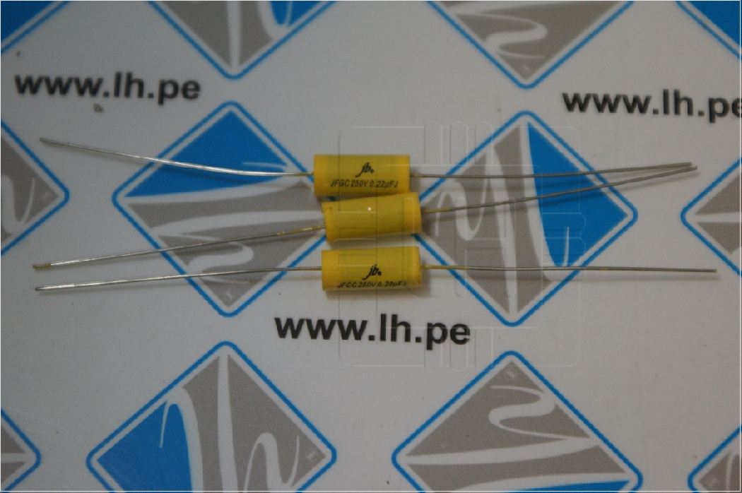 JFGC 0.22UF 250V            Condensador polipropileno axial 0.22uF, 250VDC, THT