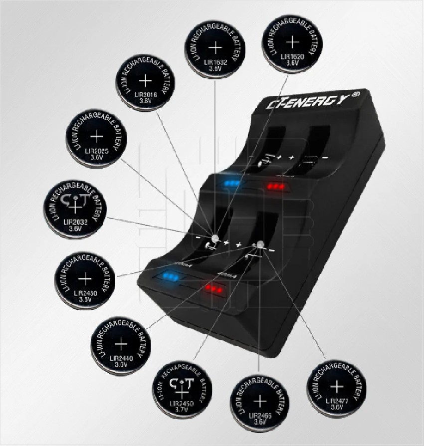 NC-02            Cargador de baterías Lithium-ion tipo moneda para 2450 2032 2025 2016 1632 1620; Marca: CT-Energy 