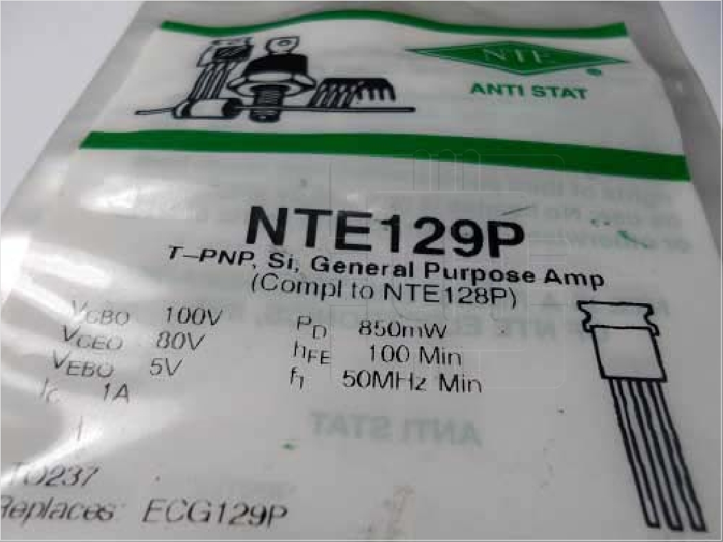 NTE129P   TRANSISTOR PNP SILICON 100V IC= 1A TO. NTE Electronics