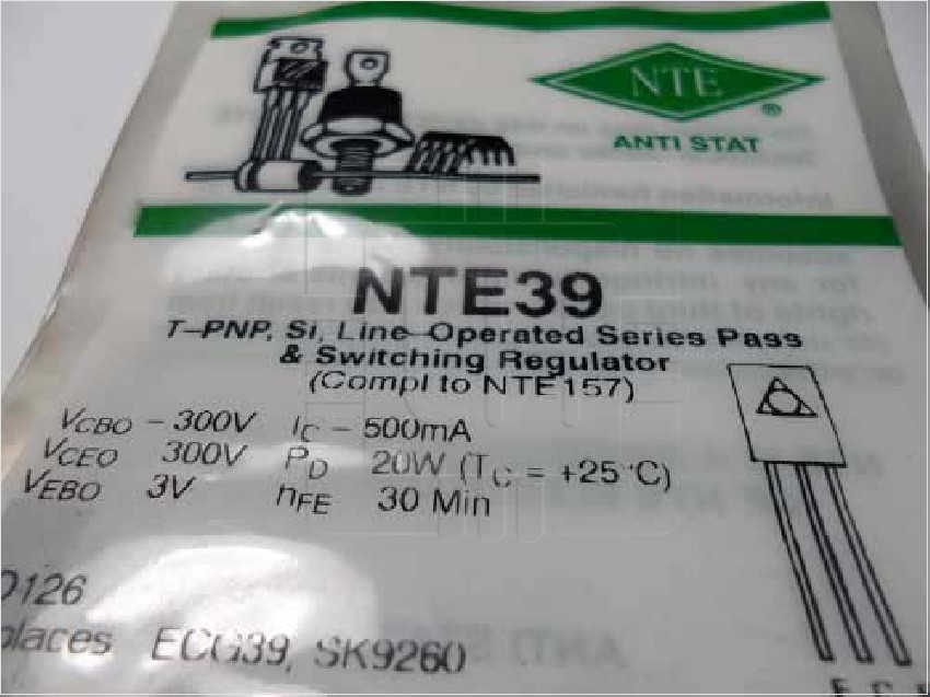 NTE39  Transistor Pnp Silicon 300v Ic-0.5a To-126 Case Line Oper