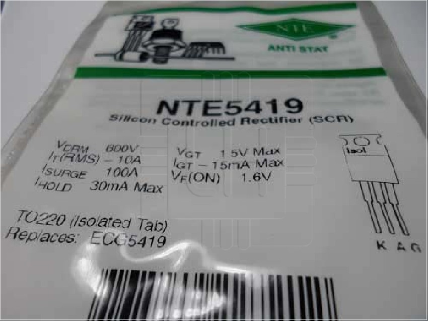 NTE5419   Silicon Controlled Rectifier (SCR). 10 Amp, TO220 Isol