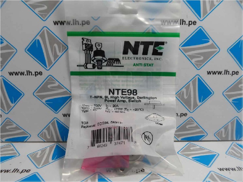 NTE98          Transistor NPN, bipolar, Darlington, 500V, 20A, 175W