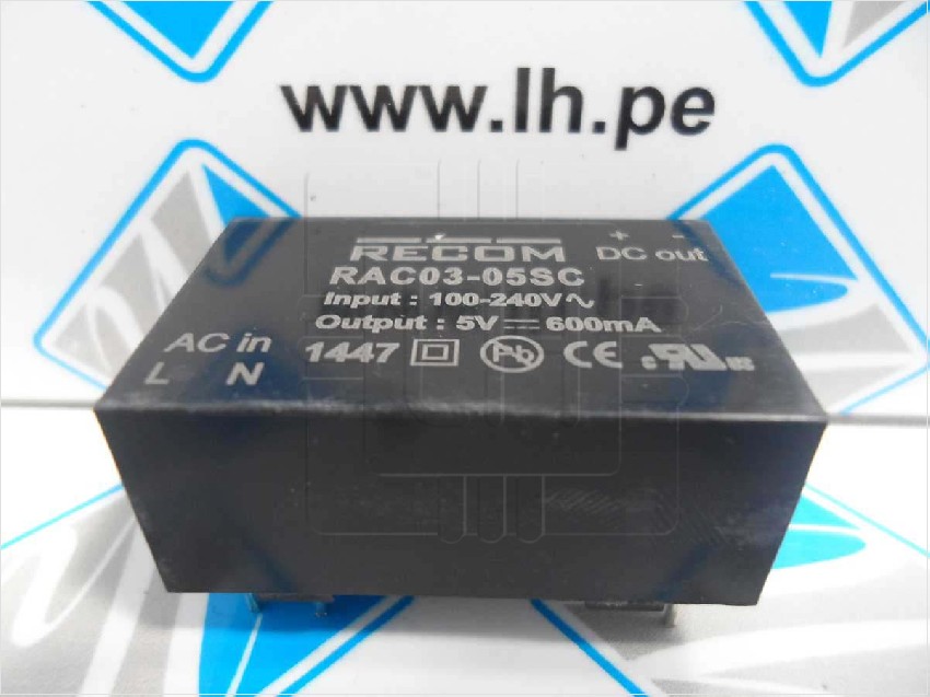 RAC03-05SC         Covertidor AC / DC, 1 Output 5V 600mA 90 ~ 264 VCA Input